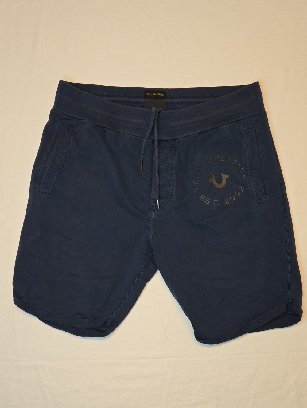 True Religion Navy Blue Drawstring Athletic Shorts with Black Logo Vintage Y2K